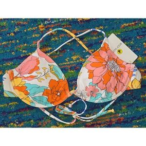 NWT Body Glove Bikini Top White‎ Floral Ribbed Underwire Patsy Womens Size LG